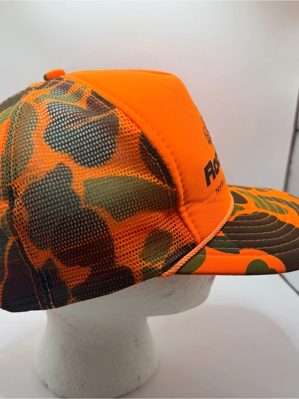 Vintage Rock Supply Trucker Hat North Little Rock Arkansas Orange Camo SnapBack